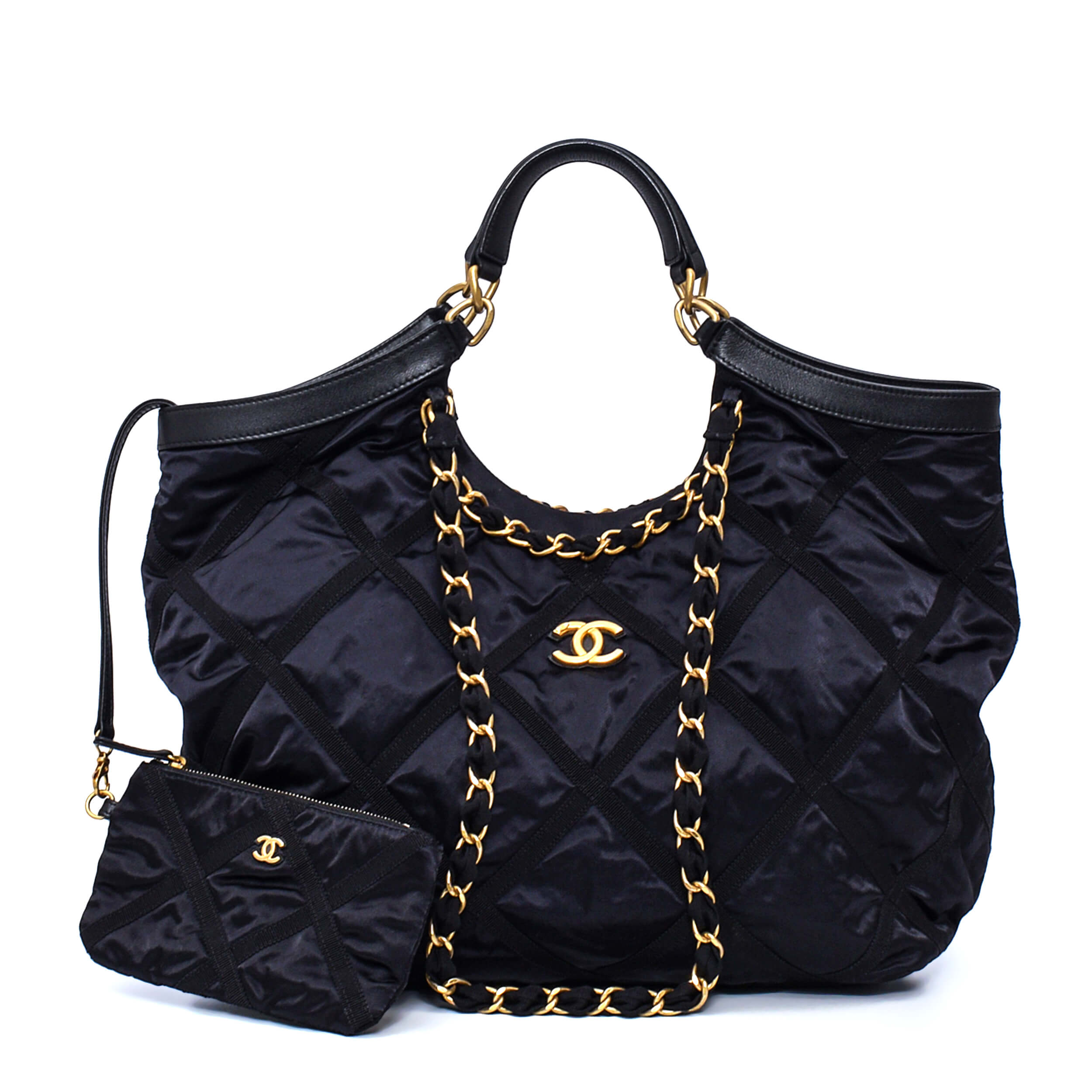 Chanel - Black Quilted Grosgrain Satin&Leather Maxi Shopping Bag